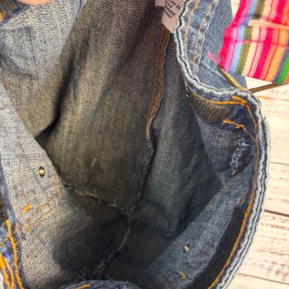 Handmade Upcycled Blue Denim Jean Shoulder Bag Rhinestone Striped Strap Boho - Picture 13 of 14